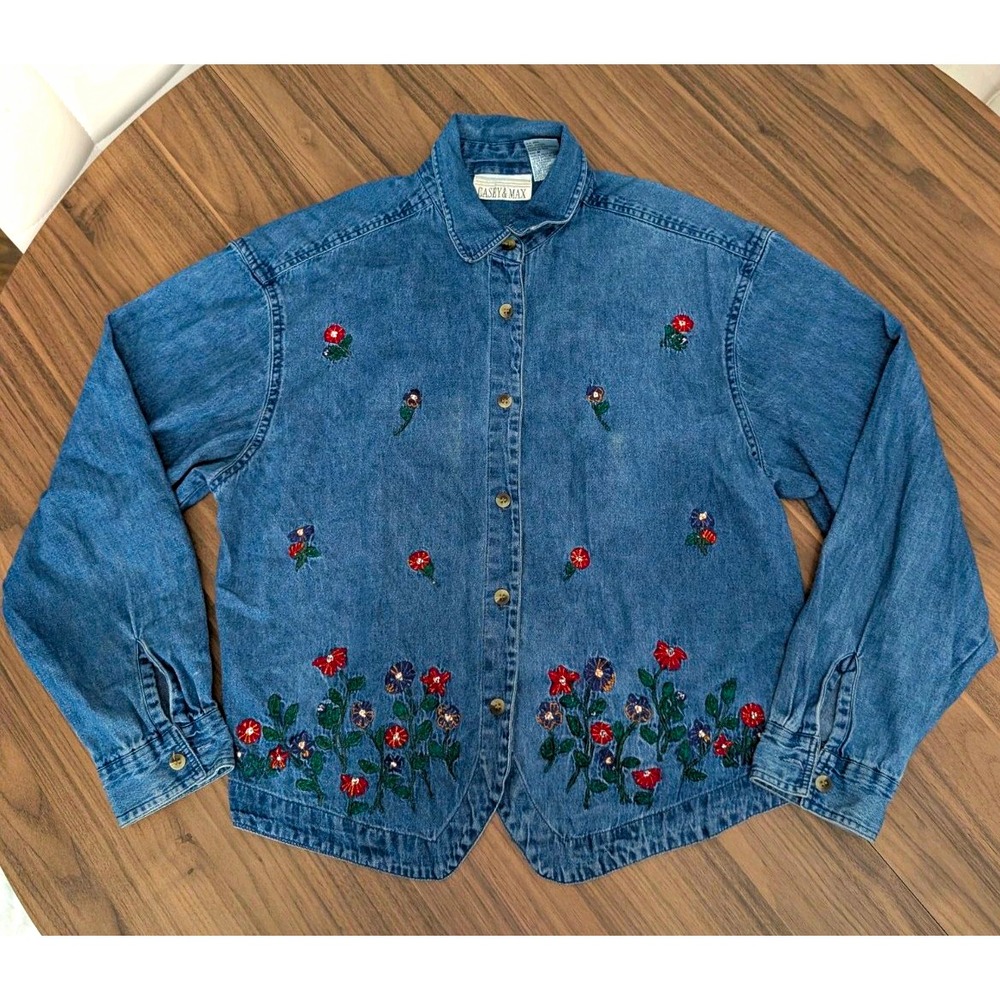 Vintage Casey & Max Women's M Embroidered  Denim Shirt Tie Back 90's Cottagecore